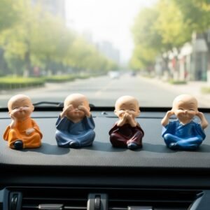 baby monk set: 4 mini spiritual buddha statues for car interior, good luck & gift items